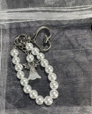 White Faux Pearl Beaded Angel Key Chain Bag Charm with Heart Clasp Keyring