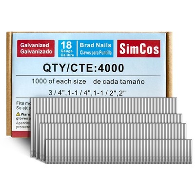 SimCos 18 Gauge Brad Nails 4 Sizes (2'',1-1/2'',1-1/4'',3/4'') Assembly 4000