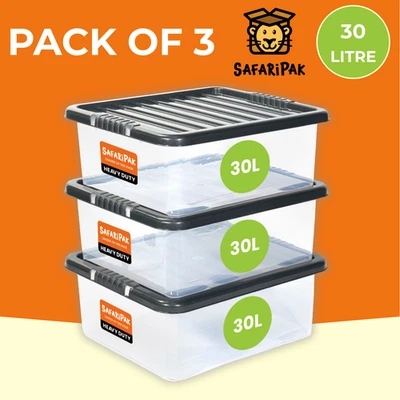 3 Transparent Plastique 30L sous-Lit Empilable Clip Serrure Rangement Boite De - Photo 1/4