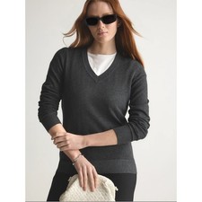 NWT Quince Lightweight Cotton Cashmere V-Neck Sweater Heather Charcoal Sz S