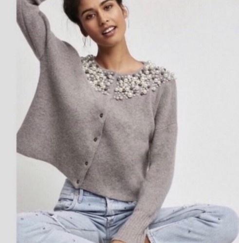 Knit Pearl Cardigan Sweater Taupe Gray 