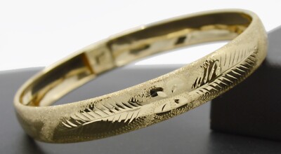 Echt 10K Massiv Gelbgold Blume & Blatt glänzend Armreif Armband 12 mm 7''-8