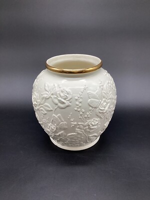 Formalities By Baum Bros White Floral Embossed Vase with Gold Trim 8  tall China