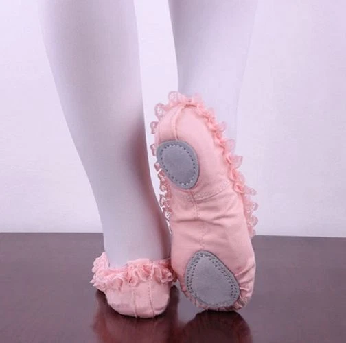 Niños pequeños Bebé Encaje Lona Rosa Ballet Zapatos Suaves Suela de Cuero Dividido Foto 3 de 3