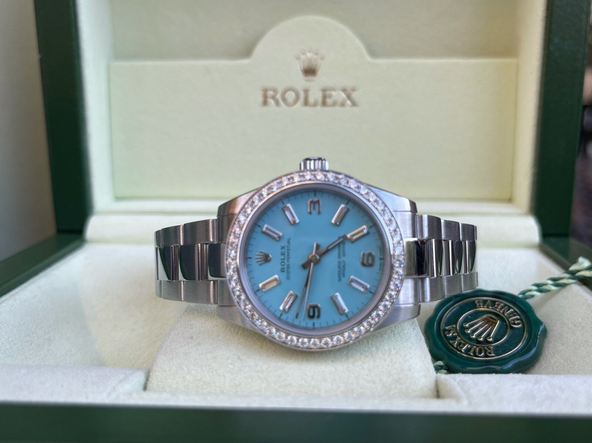Rolex 31mm OP 177200 Turquoise Diamond Dial Diamond Bezel OP