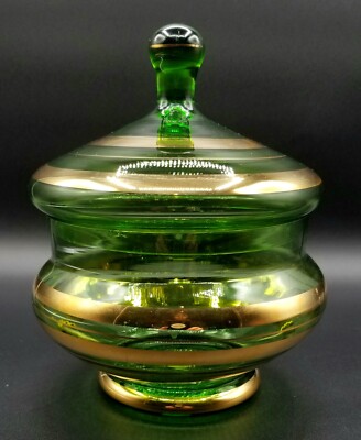 Vintage MCM Czech Romanian Emerald Green Glass Lidded Candy Dish