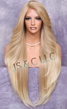 38" Long Human Hair Blend Full Lace Front Wig Heat OK Blonde mix WEPC 27/613