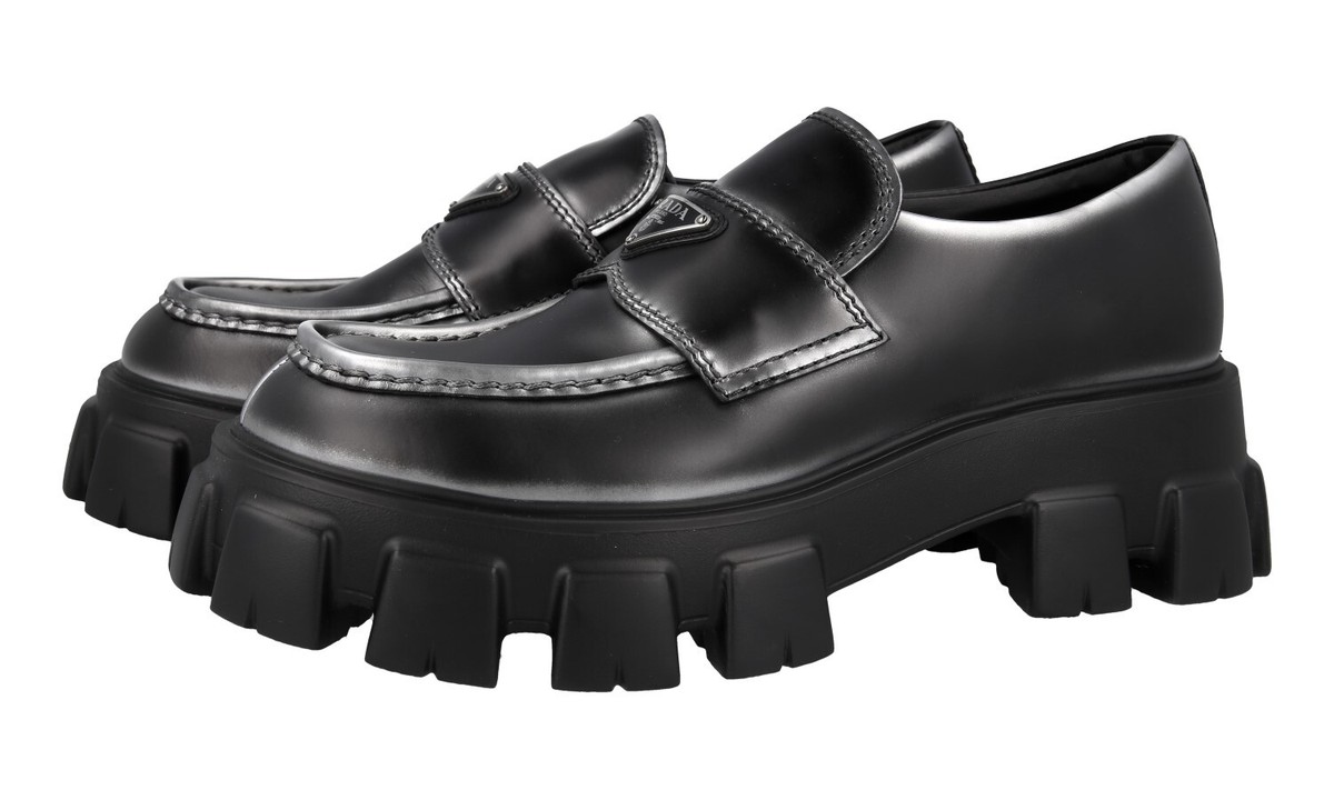 PRADA Chocolate Monolith Loafer Slipper Shoes 2DE129 Black Silver