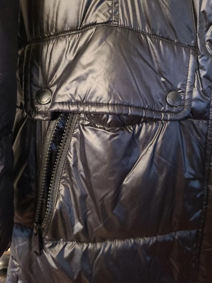 Sam Edelman Belted Faux Fur Detail Hooded Slick Puffer Coat Loden Sz Medium  - Image 4 of 4