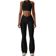 Agape Active Black Ribbed Activewear Flare Crop Set