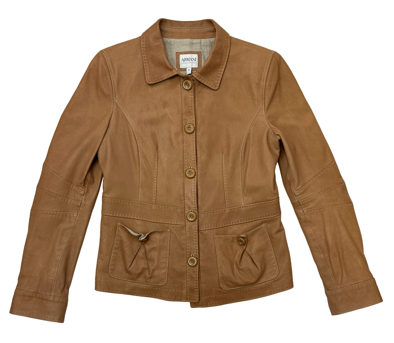 ARMANI COLLEZIONI Lambskin Leather Jacket 8 Camel White Stitching Button Tan image 4