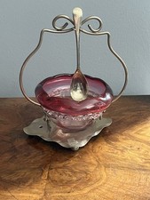 VINTAGE ANTIQUE CRANBERRY SILVER PLATE GLASS PRESERVE DISH ON METAL STAND