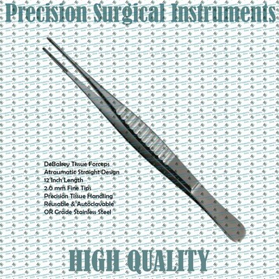 Premium DeBakey Atraumatic Tissue Forceps, 12'', Straight, 2.0 mm wide Tips