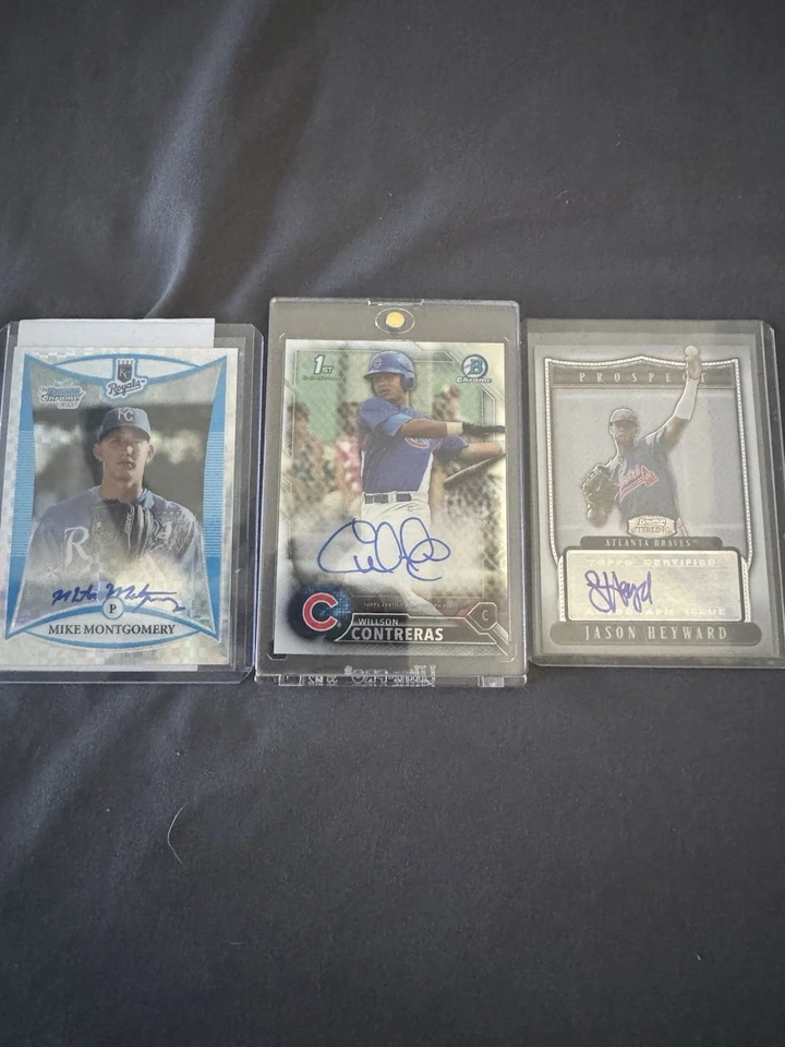 Juego de tarjetas de novato autografiadas 2016 de los Chicago Cubs primer Bowman Rizzo Bryant Báez Foto 4 de 4