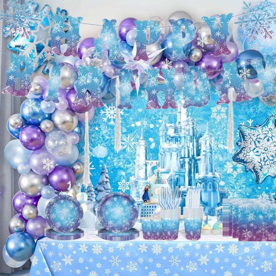 Suministros de platos de fiesta congelados, copo de nieve azul y púrpura Winter Wonderland Dis... Foto 2 de 4