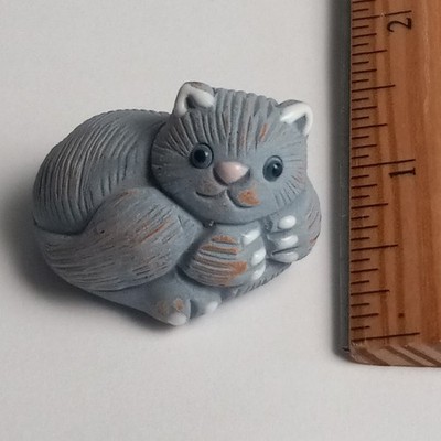 Miniature Ceramic Cat Figurine Vtg Blue Eyes Gray Whimsical Fat Fluffy Folk Art