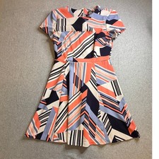 Vince Camuto Womens 4P Geometric Abstract Fit Flare Dress Coral Navy Blue Petite