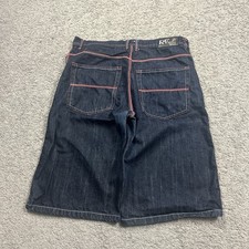 Y2K Embroidery Re Boot Baggy Short Jorts Men  s Size 34 Dark Blue Jean Red Lines