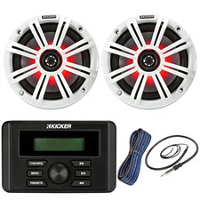 Kicker KMC3 Marine Stereo Receiver, 2x 6.5" LED Speaker w/Grilles, Wire, Antenna