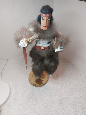 Signed Native Mother Crow Kachina Doll - 11'' Hand-Carved Wood, Leather, Fur