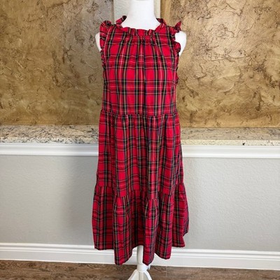 j crew red plaid dress J.Crew Plaid Tiered Dress Sz 8 Red Tartan Ruffle Sleeveless Pockets Preppy