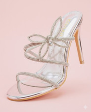 Women  s Silver/Clear Rhinestone Strappy Open Toe Slip On Stiletto Heels 8