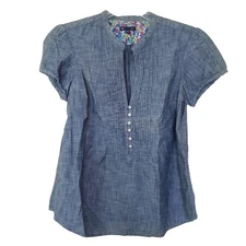 Gap Chambray Blouse Denim Cotton Pop Sleeve V Neck Womens Sz M Cotton Blue
