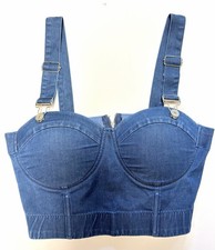 Say What Blue Denim Bustier Corset Crop Top Underwire Zip Back WM LG EUC