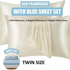 KASENTEX Silk Pillowcase with Blue Twin Sheet Set