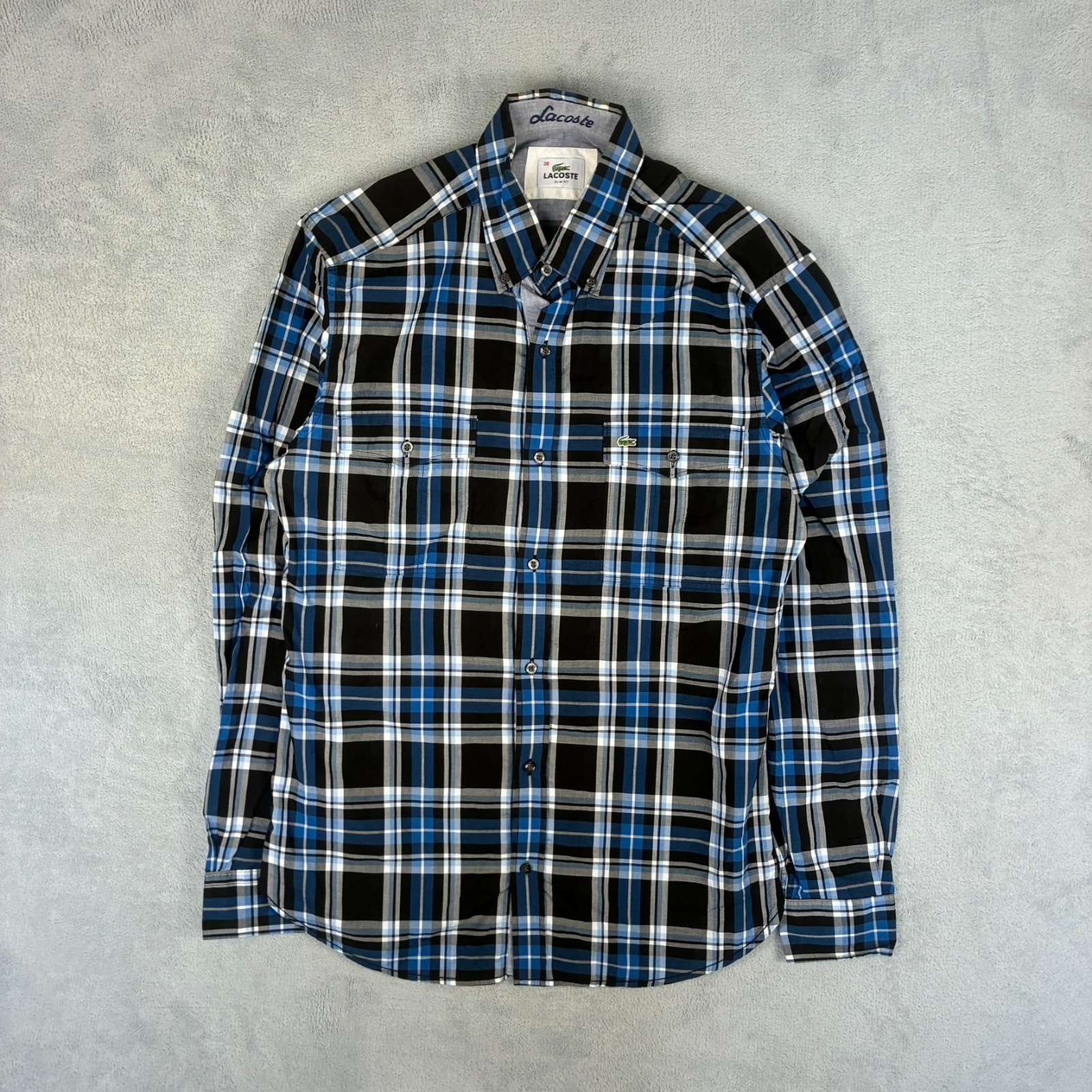 VTG Lacoste Blue Black Plaid Check Size 38 / Small Slim Fit Button Down Shirt