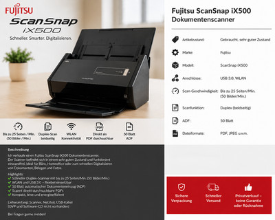 Fujitsu ScanSnap iX500 Dokumentenscanner   WLAN / USB 3.0 / Duplex