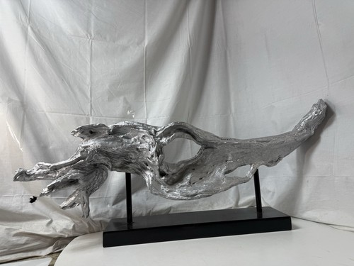 Large Modern Silver Driftwood Sculpture - Abstract Metallic Wood Art Display 38”