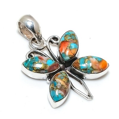 Orange Copper Turquoise Gemstones Handmade 925 Solid Silver Pendant Jewelry