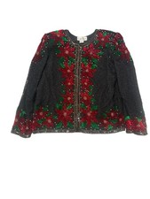 Vintage Laurence Kazar L Silk Black Red Poinsettia Beaded  Sequin Jacket