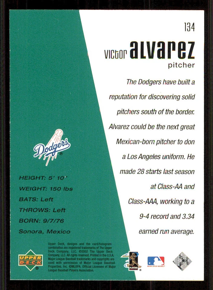 2002 Upper Deck Diamond Connection #134 Victor Alvarez DC RC /1500 - Image 2 of 2