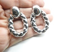 Retro Braid Textured Silver Tone Hinged Knocker Hoop Pierced Earrings Vintage