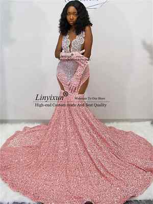 Glitter Sequins Mermaid Prom Dresses With Crystal Black Girl Evening Party  Gowns