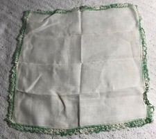 Vintage Ladies Handkerchief Green  White Crocheted Edge 11x11" Square Retro