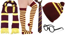 Nuevo Niño HP Amarillo a Rayas Griffindor Elegante Vestido Bufanda Corbata Calcetines Sombrero Gafas Varita