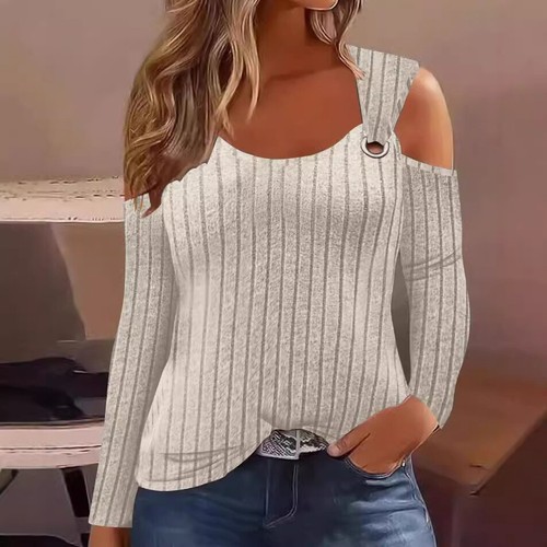 Womens Long Sleeve Jumper Cold Shoulder Top RIBBED Stretch Shirts Blouse SIZE UK - Picture 6 of 15