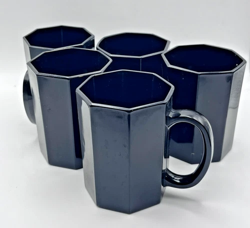 Arcoroc OCTIME Black Set Of 5 Tea, Coffee Mugs Octagonal Sided Glass France 80s