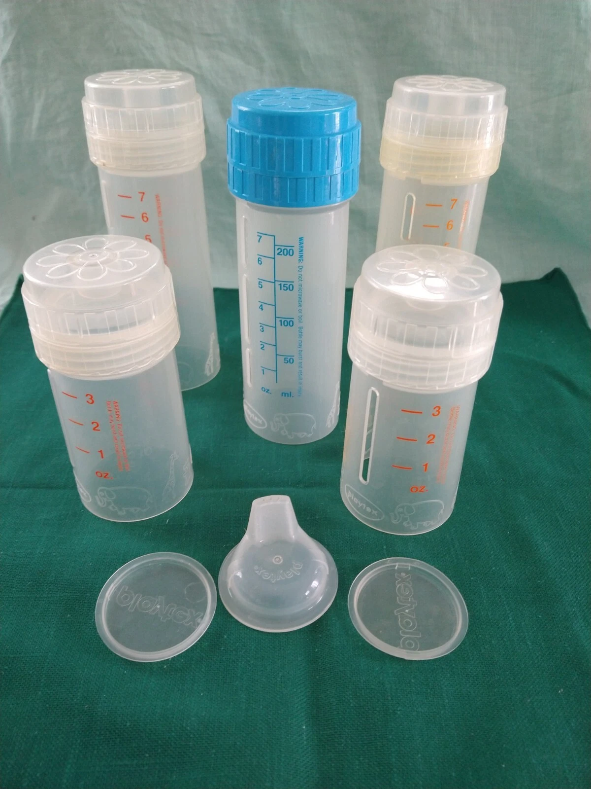 5 Vintage Playtex bottles 3 8oz (1 Blue) 2 4oz + sippy insert A