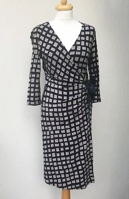 FENN WRIGHT MANSON Jersey Wrap Dress - Black/Beige/Grey Geo w/ Silk Tie - Sz 10 - Image 1 of 4