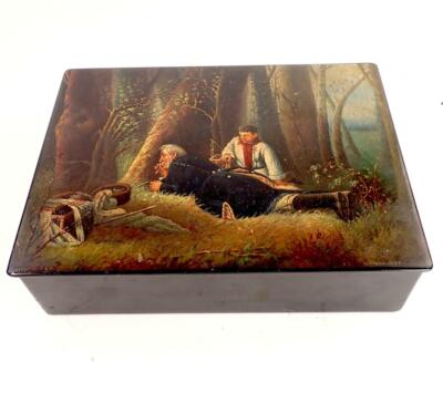 Nxxx LARGE ANTIQUE RUSSIAN BLACK LACQUER BOX THE BIRD CATCHER