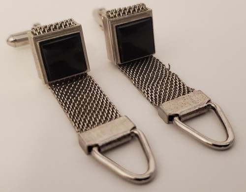 Vintage Swank Cuff links Black Stone Silver Tone Metal Wrap Around Used (PP) - Picture 5 of 6