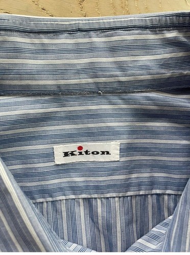 KITON 16.5/42 French Cuff Blue Striped Dress Shirt Italian - Picture 4 of 5