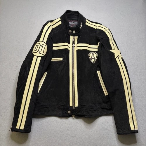Arlen Ness Bikerwear Jacket Mens XXL Black Suede Leather Racing Stripe Moto - product listing photo