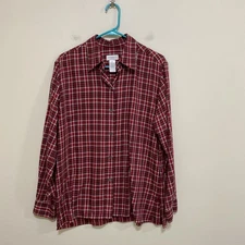Liz Claiborne M Untuck Tunic Blouse Red Plaid Long SLeeve Rayon Blend