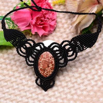 Handgefertigt Natürlich Jaspis Cabochon Boho Makramee Halsband Kristall Reiki - Bild 1 von 4