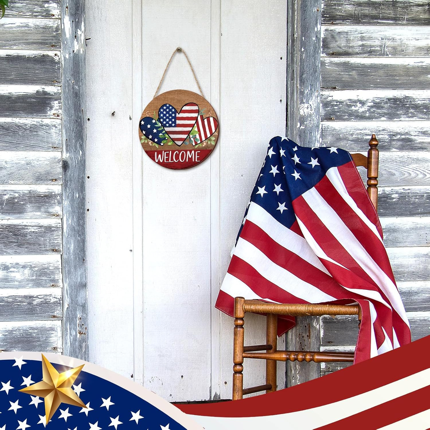как выглядит 4Th of July Wooden Hanging Door Sign Patriotic Heart Welcome Sign Independence D фото